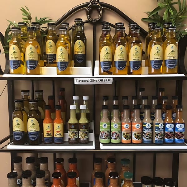 A three-tiered shelf display of Blue Olive Grill's olive oils, sauces, and marinades.