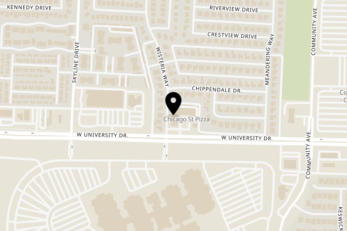 Map showing the location of Blue Olive Grill on 2414 W University Dr in McKinney